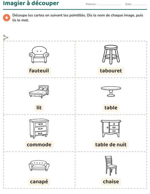 Aperçu de la fiche Imagier avec Meubles NB pour École maternelle (grande section, 5-7 ans)