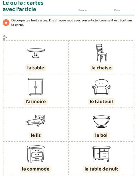 Aperçu de la fiche Imagier avec Meubles NB pour École maternelle (grande section, 5-7 ans)
