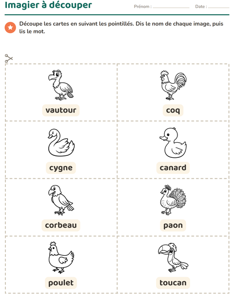 Aperçu de la fiche Imagier avec Oiseaux N&B 2 pour École maternelle (grande section, 5-7 ans)