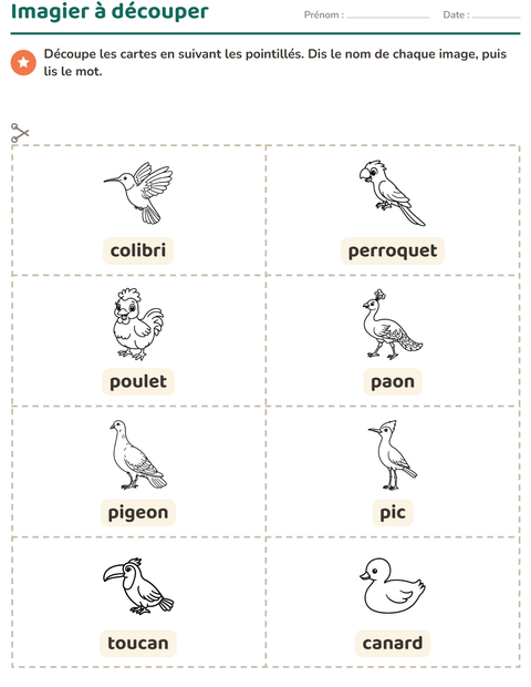 Aperçu de la fiche Imagier avec Oiseaux N&B pour École maternelle (grande section, 5-7 ans)