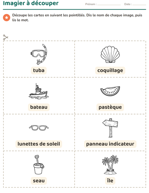 Aperçu de la fiche Imagier avec Plage NB 2 pour École maternelle (grande section, 5-7 ans)