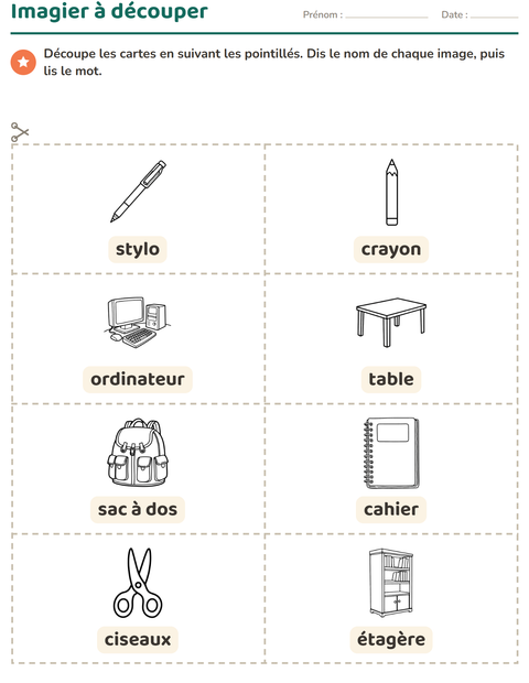 Aperçu de la fiche Imagier avec Salle de classe 2 (N&B) pour École maternelle (grande section, 5-7 ans)