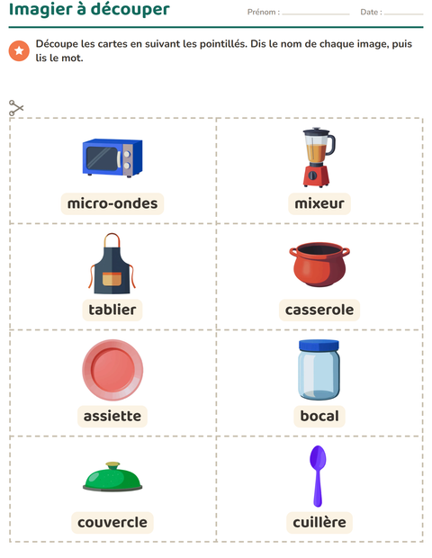 Aperçu de la fiche Imagier avec Ustensiles de cuisine pour École maternelle (grande section, 5-7 ans)