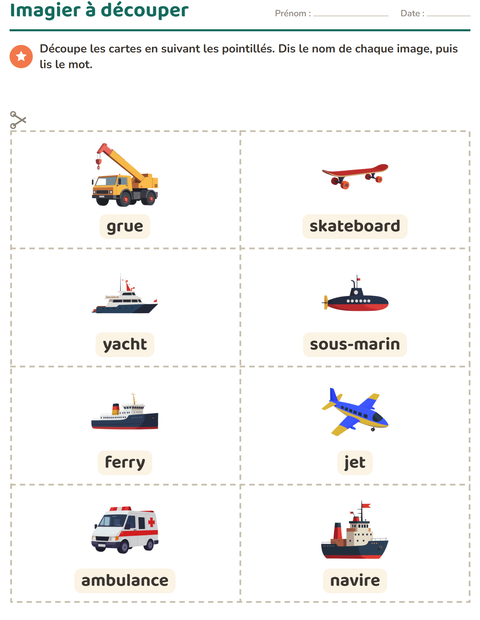 Aperçu de la fiche Imagier avec Véhicules pour École maternelle (grande section, 5-7 ans)