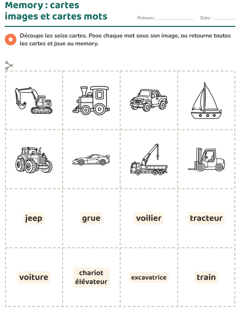 Aperçu de la fiche Imagier avec Véhicules NB pour École maternelle (grande section, 5-7 ans)