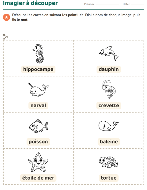 Aperçu de la fiche Imagier avec Vie marine NB 2 pour École maternelle (grande section, 5-7 ans)