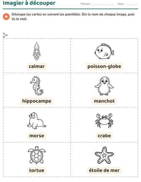 Aperçu de la fiche Imagier avec Vie marine NB pour École maternelle (grande section, 5-7 ans)