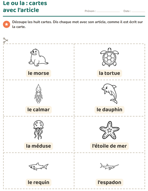 Aperçu de la fiche Imagier avec Vie marine NB pour École maternelle (grande section, 5-7 ans)