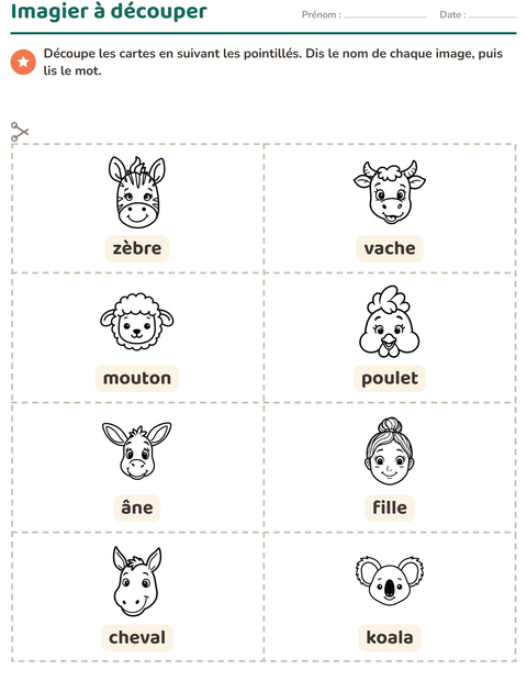 Aperçu de la fiche Imagier avec Visages NB pour École maternelle (grande section, 5-7 ans)