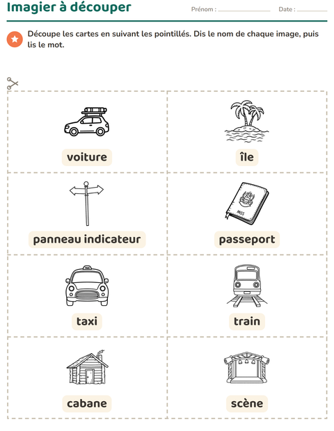 Aperçu de la fiche Imagier avec Voyages et Vacances NB pour École maternelle (grande section, 5-7 ans)