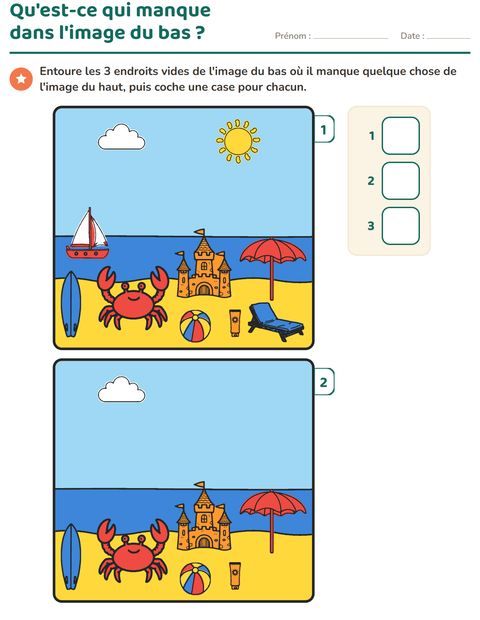 Aperçu de la fiche Jeu des différences pour École maternelle (grande section, 5-7 ans)