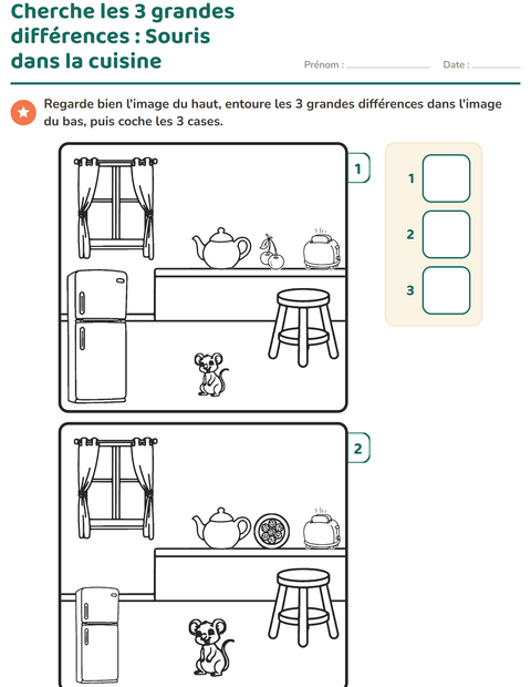 Aperçu de la fiche Jeu des différences pour École maternelle (grande section, 5-7 ans)