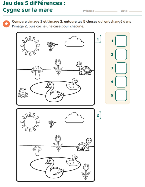Aperçu de la fiche Jeu des différences pour École maternelle (grande section, 5-7 ans)