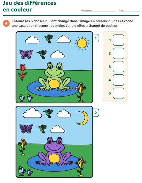 Jeu des différences en couleur : la grenouille à la mare