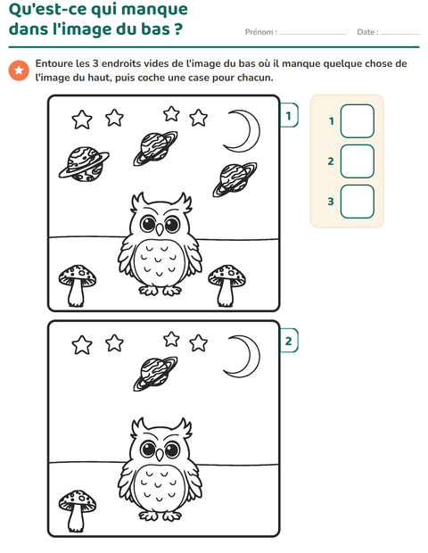Aperçu de la fiche Jeu des différences pour École maternelle (grande section, 5-7 ans)