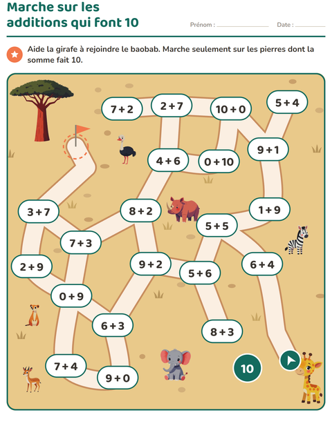 Aperçu : Labyrinthe maths : marche sur les additions qui font 10
