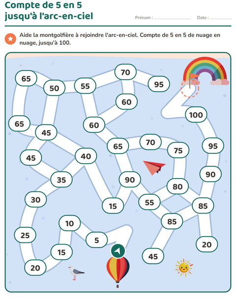 Aperçu : Labyrinthe maths : compte de 5 en 5 jusqu'à l'arc-en-ciel