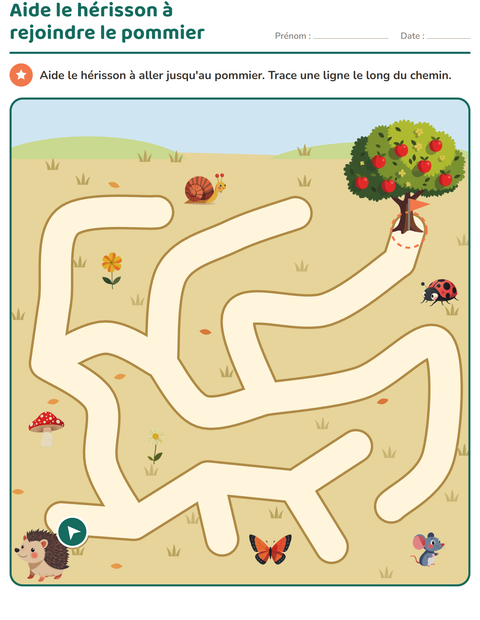 Jeu de labyrinthe : aide le hérisson à rejoindre le pommier
