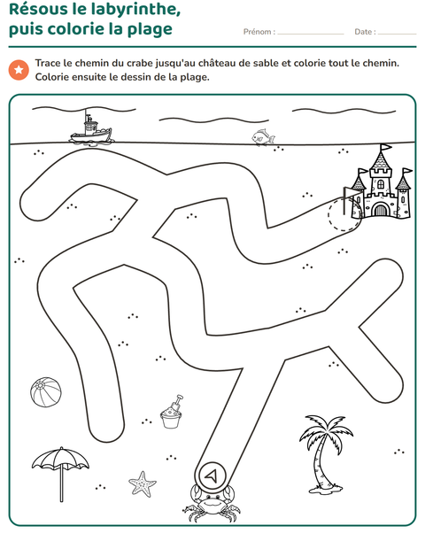 Aperçu : Labyrinthe à colorier : le crabe à la plage