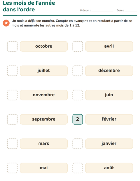 Aperçu de la fiche Jours et mois pour CP (cours préparatoire)