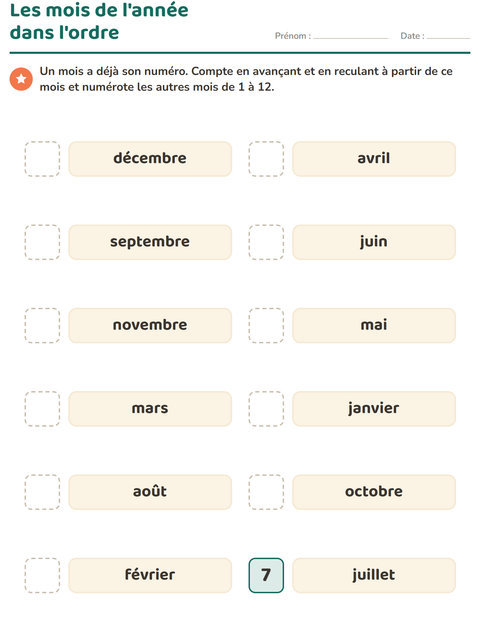 Aperçu de la fiche Jours et mois pour CP (cours préparatoire)
