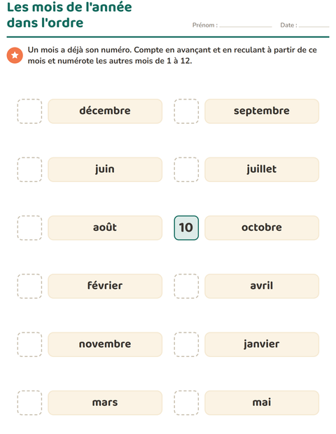 Aperçu de la fiche Jours et mois pour CP (cours préparatoire)