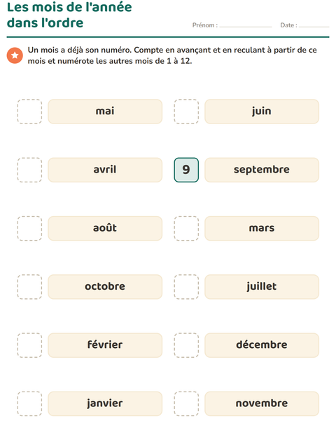 Aperçu de la fiche Jours et mois pour CP (cours préparatoire)