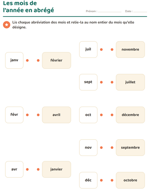 Aperçu de la fiche Jours et mois pour CP (cours préparatoire)