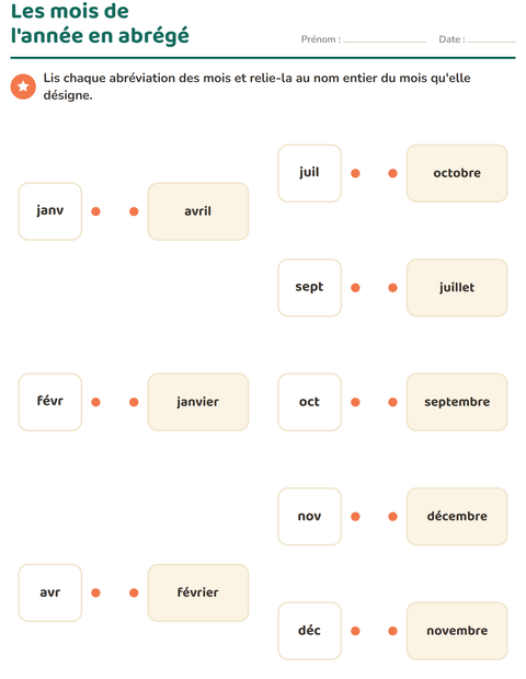 Aperçu de la fiche Jours et mois pour CP (cours préparatoire)