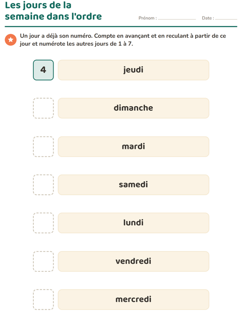 Aperçu de la fiche Jours et mois pour École maternelle (grande section, 5-7 ans)
