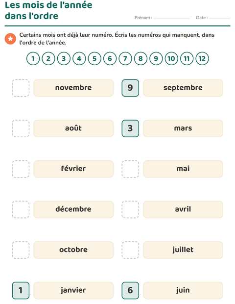 Aperçu de la fiche Jours et mois pour CP (cours préparatoire)