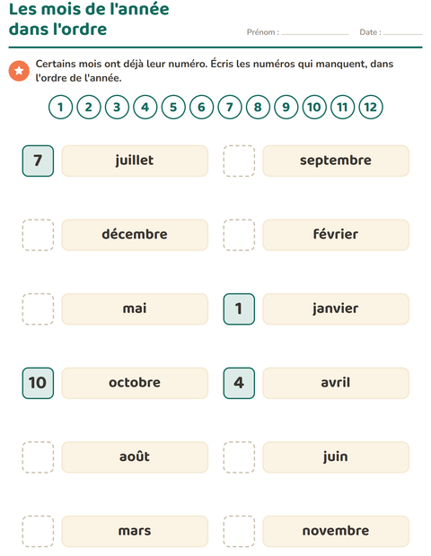 Aperçu de la fiche Jours et mois pour CP (cours préparatoire)
