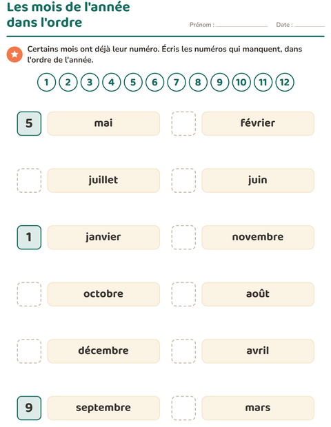 Aperçu de la fiche Jours et mois pour CP (cours préparatoire)