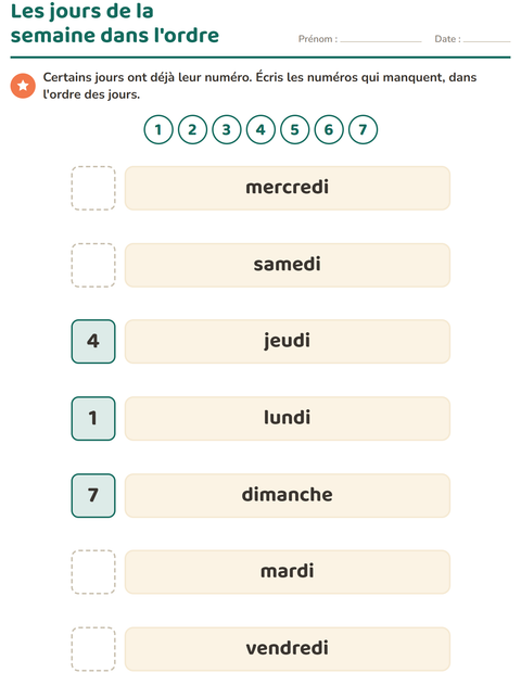 Aperçu de la fiche Jours et mois pour École maternelle (grande section, 5-7 ans)