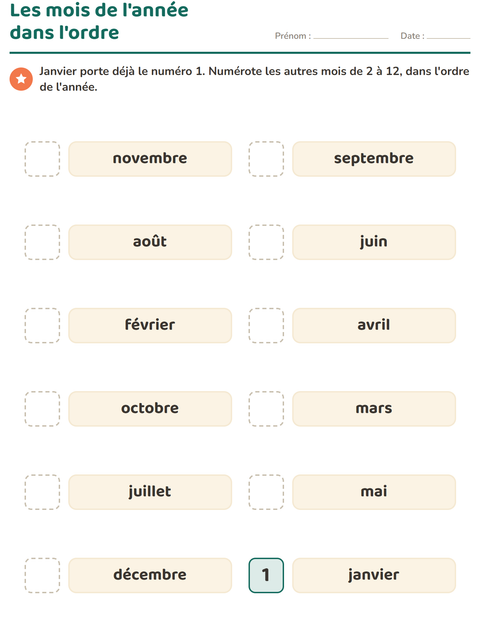 Aperçu de la fiche Jours et mois pour CP (cours préparatoire)