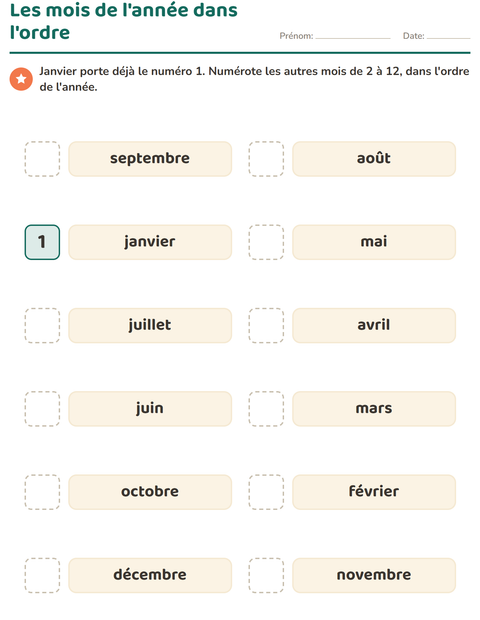 Les mois de l'année dans l'ordre