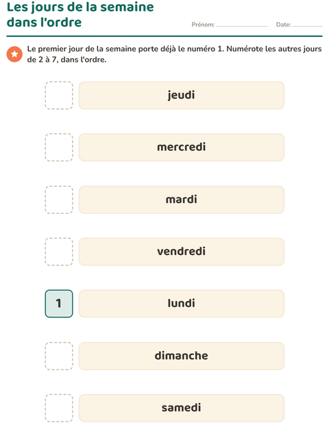 Les jours de la semaine dans l'ordre