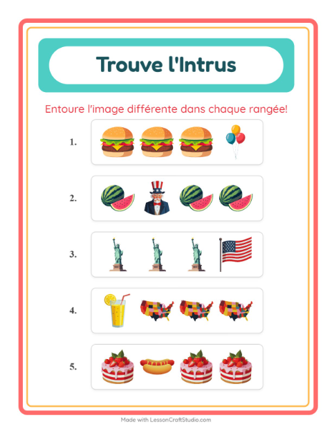 Aperçu de la fiche L'intrus avec 4 juillet pour École maternelle (grande section, 5-7 ans)