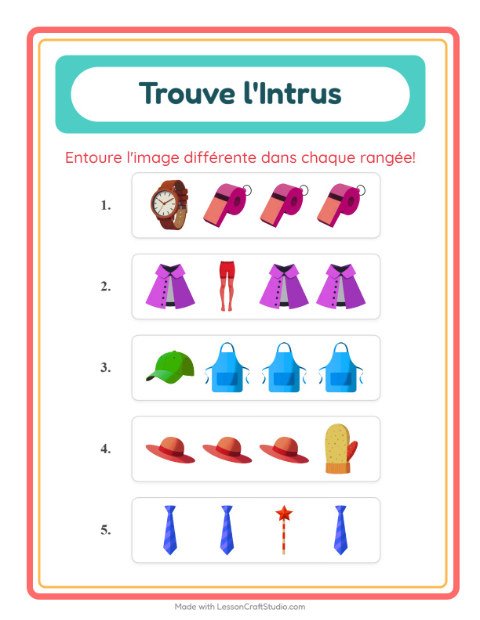 Aperçu de la fiche L'intrus avec Accessoires pour École maternelle (grande section, 5-7 ans)