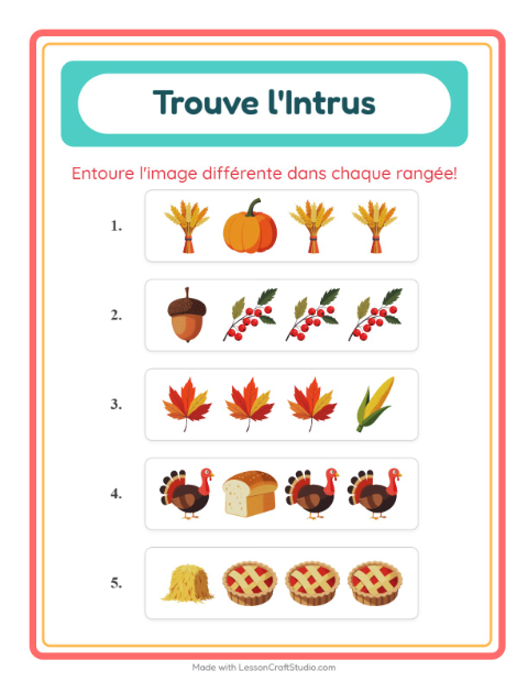 Aperçu de la fiche L'intrus avec Action de grâce pour École maternelle (grande section, 5-7 ans)