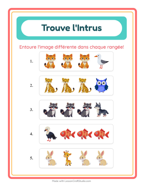 Aperçu de la fiche L'intrus avec Animaux pour École maternelle (grande section, 5-7 ans)