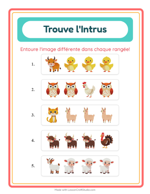 Aperçu de la fiche L'intrus avec Animaux de la ferme pour École maternelle (grande section, 5-7 ans)