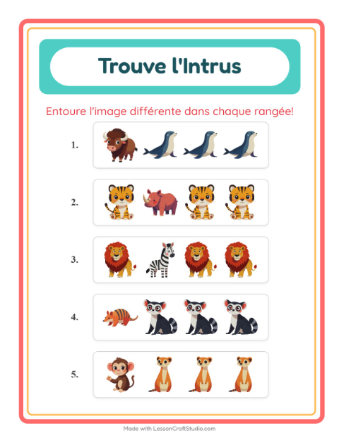 Aperçu de la fiche L'intrus avec Animaux du zoo pour École maternelle (grande section, 5-7 ans)