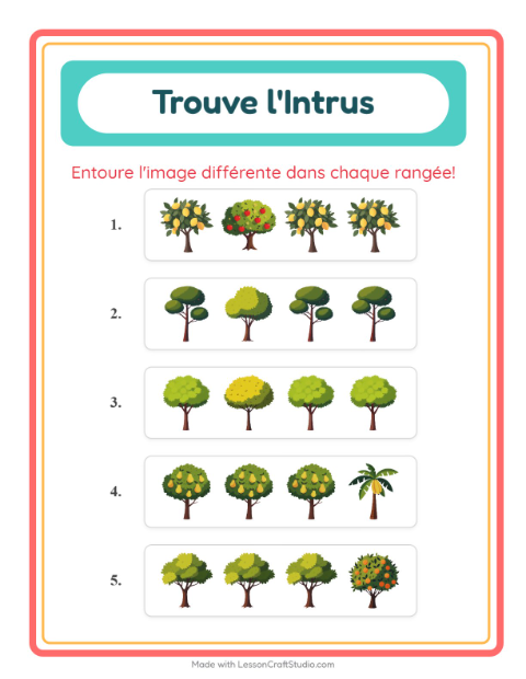 Aperçu de la fiche L'intrus avec Arbres pour École maternelle (grande section, 5-7 ans)