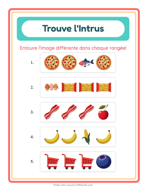Aperçu de la fiche L'intrus avec Au supermarché pour École maternelle (grande section, 5-7 ans)