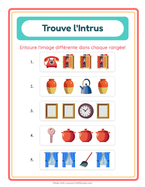 Aperçu de la fiche L'intrus avec Autour de la maison pour École maternelle (grande section, 5-7 ans)