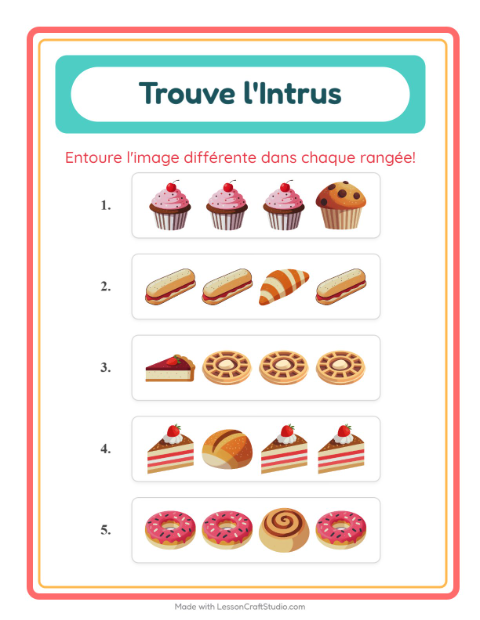Aperçu de la fiche L'intrus avec Boulangerie pour École maternelle (grande section, 5-7 ans)