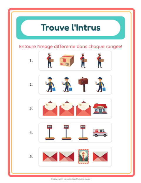 Aperçu de la fiche L'intrus avec Bureau de poste pour École maternelle (grande section, 5-7 ans)