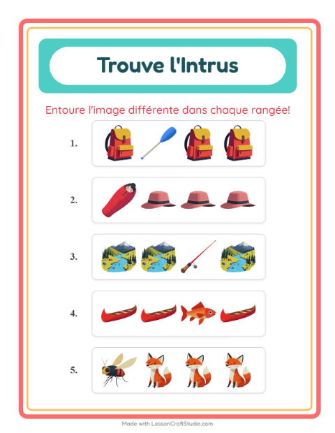 Aperçu de la fiche L'intrus avec Camping pour École maternelle (grande section, 5-7 ans)