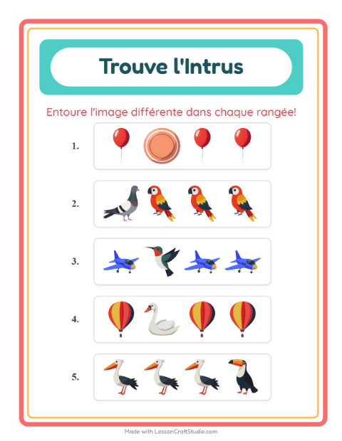Aperçu de la fiche L'intrus avec Choses qui volent pour École maternelle (grande section, 5-7 ans)